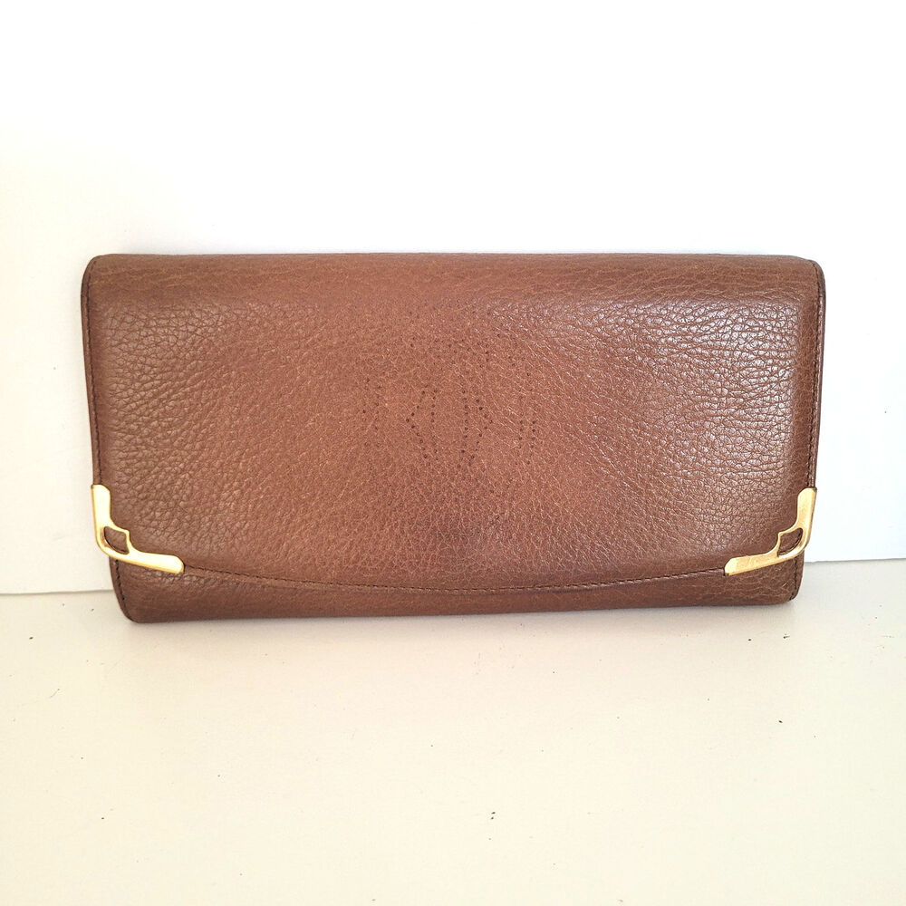 Cartier Marcello Envelope Wallet Clutch Leather Brown Card Bill Holder Large